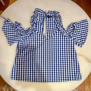 Topshop Blue & White Gingham Cold Shoulder Top